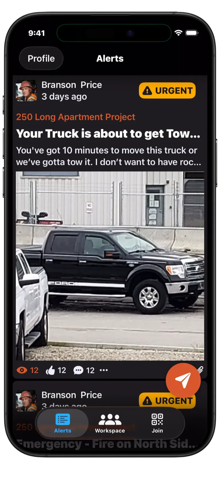 Pebl mobile app showing an urgent broadcast alert sent to a crew