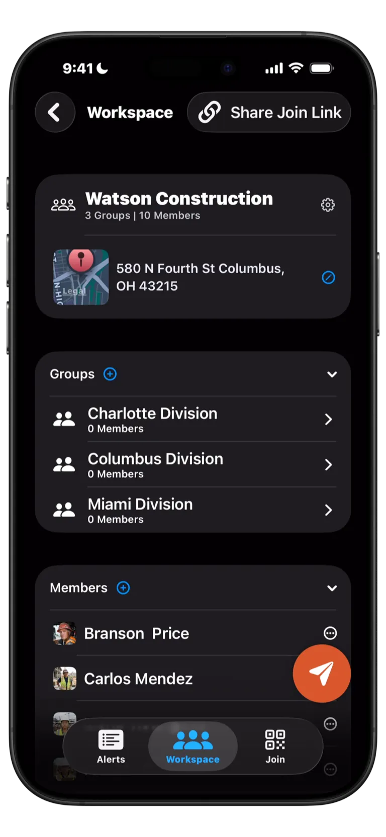 Pebl mobile app showing workspace management and member permissions