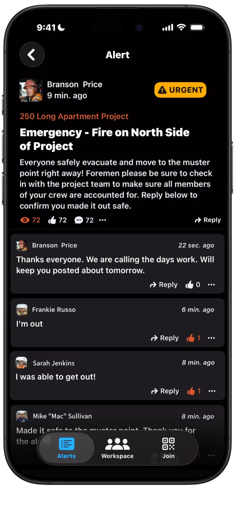 Pebl mobile app showing threaded team conversation on an alert