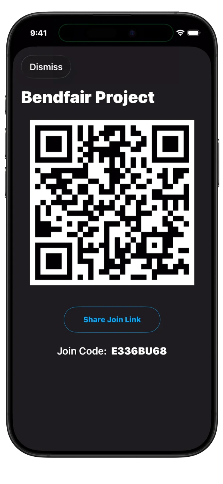 Pebl mobile app showing QR code and link sharing to invite team members