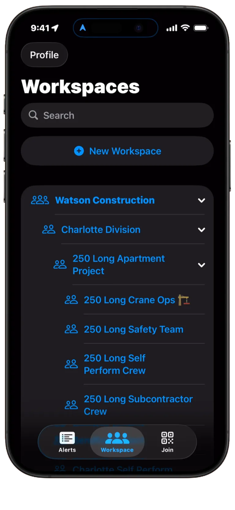 Pebl mobile app showing nested group organization for teams